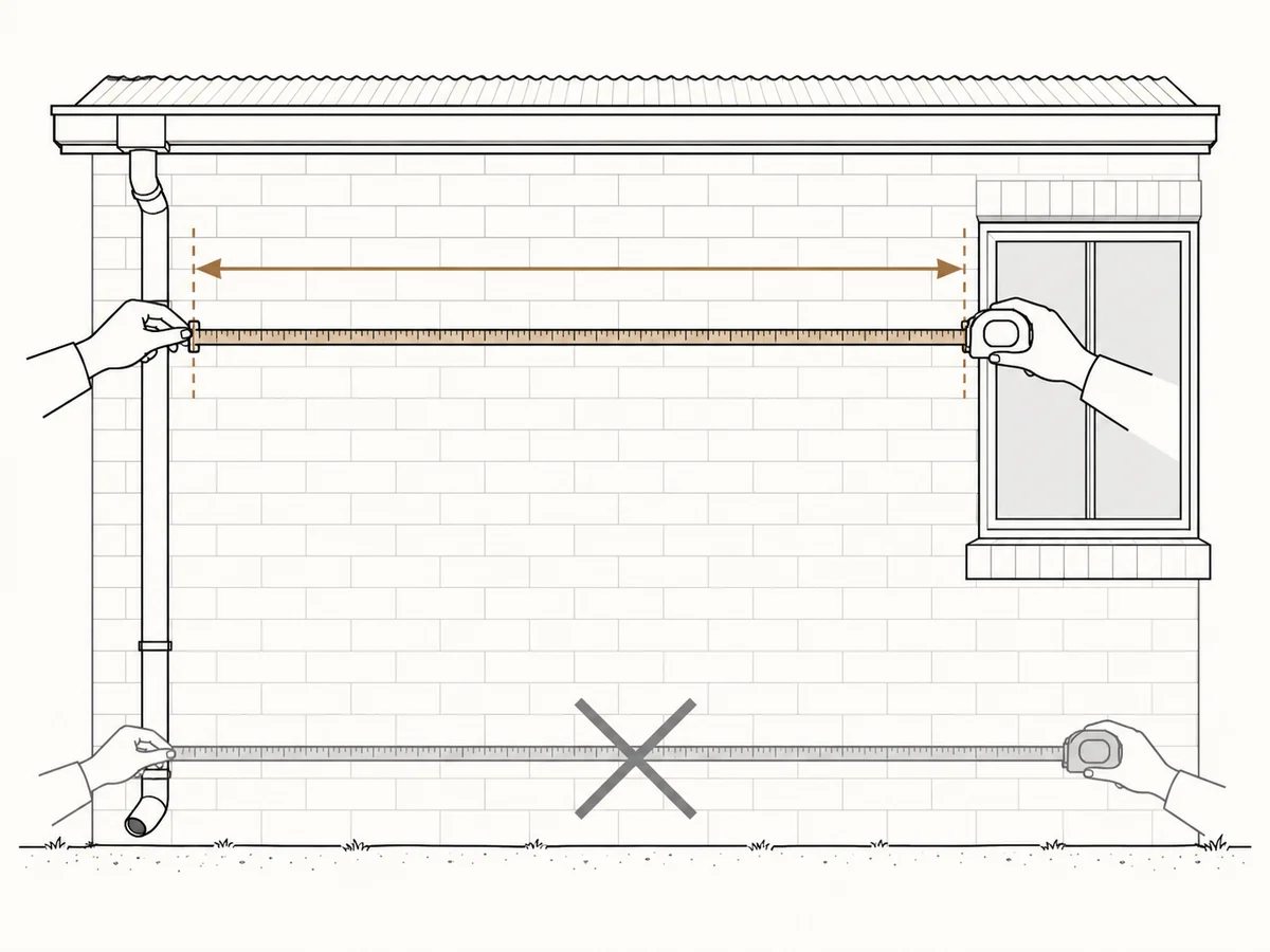 Diagram of a wall with a tape measure held at the awning mounting height rather than at ground level