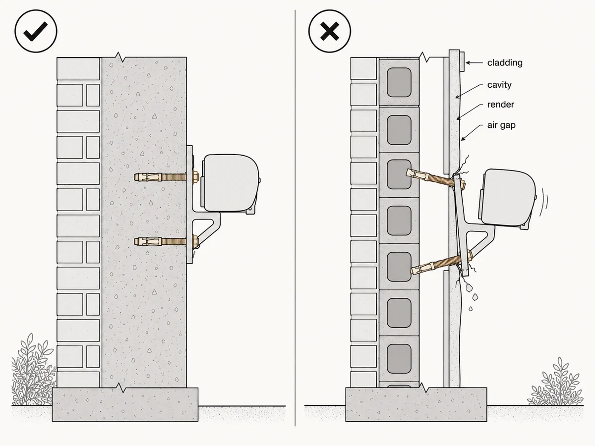 Diagram comparing suitable substrates such as solid masonry and concrete against unsuitable ones such as hollow brick and cladding