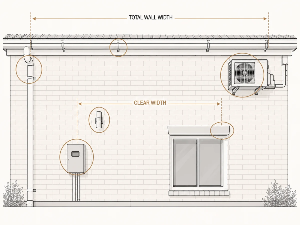 Diagram of a wall marked with common obstructions including a downpipe, gutter, light fitting, meter box and air conditioning unit