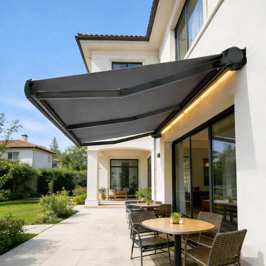 Charcoal grey full-box retractable awning over a Melbourne patio