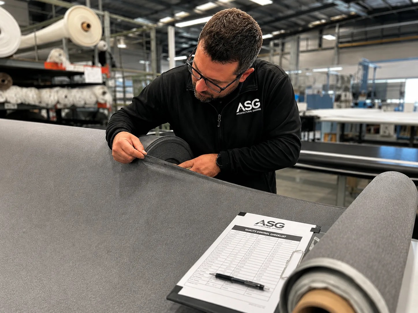ASG installer inspecting a finished awning for quality and structural compliance before dispatch