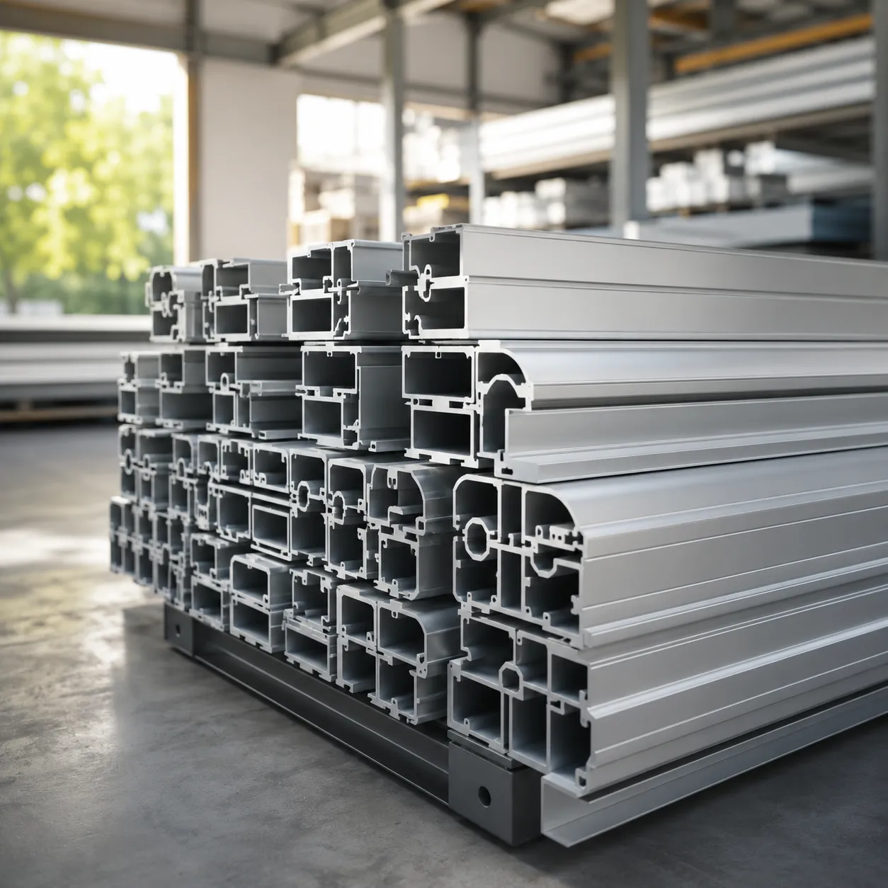 Stack of marine-grade aluminium extrusion profiles in a warehouse