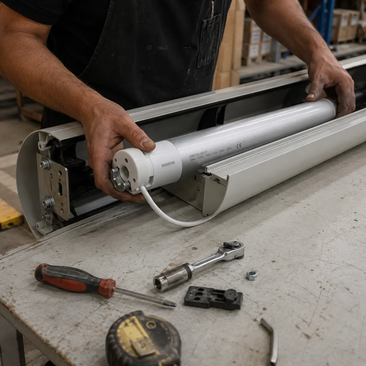 Hands fitting a motor into an awning cassette on a workbench