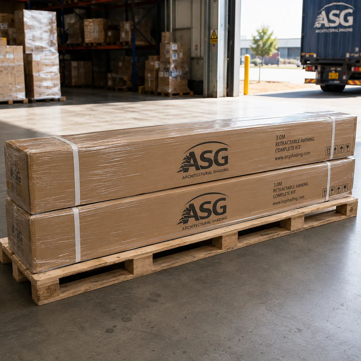 Finished awning kit shrink-wrapped on a pallet for dispatch